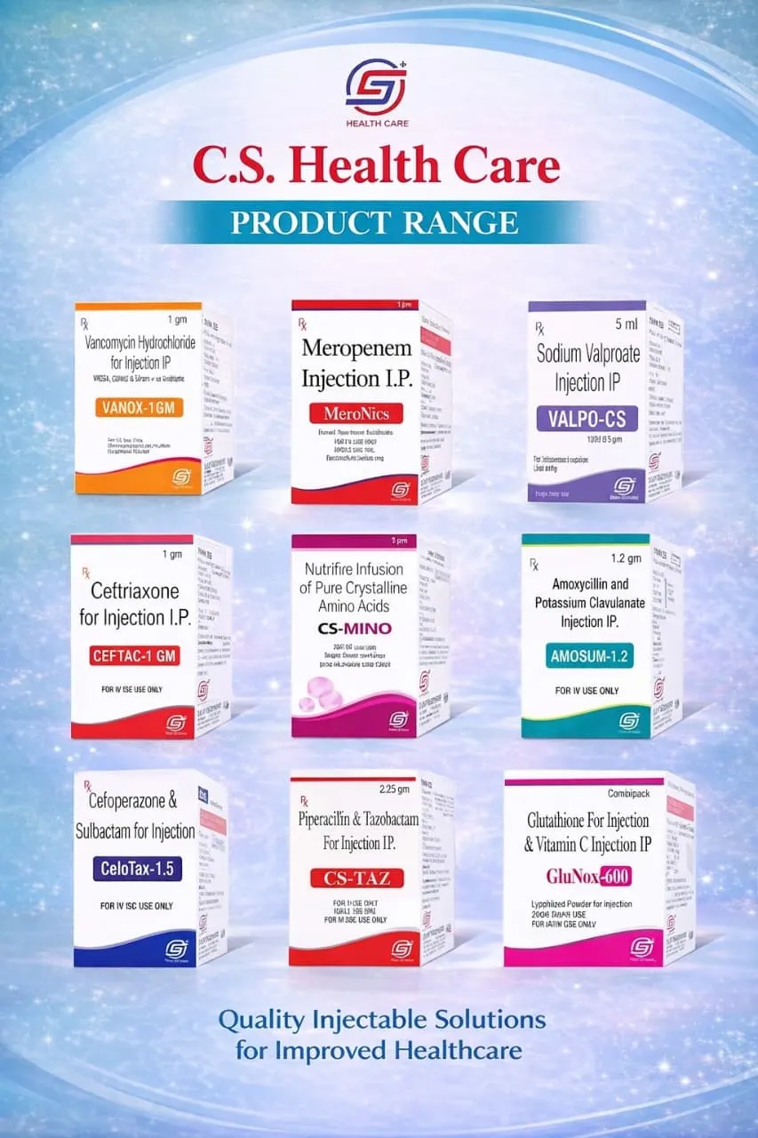 C.S. Healthcare product range: Vanox, MeroNics, Valpo-CS, Ceftac, CS-Mino, Amosum, Cefonax, CS-TAZ and GluNox