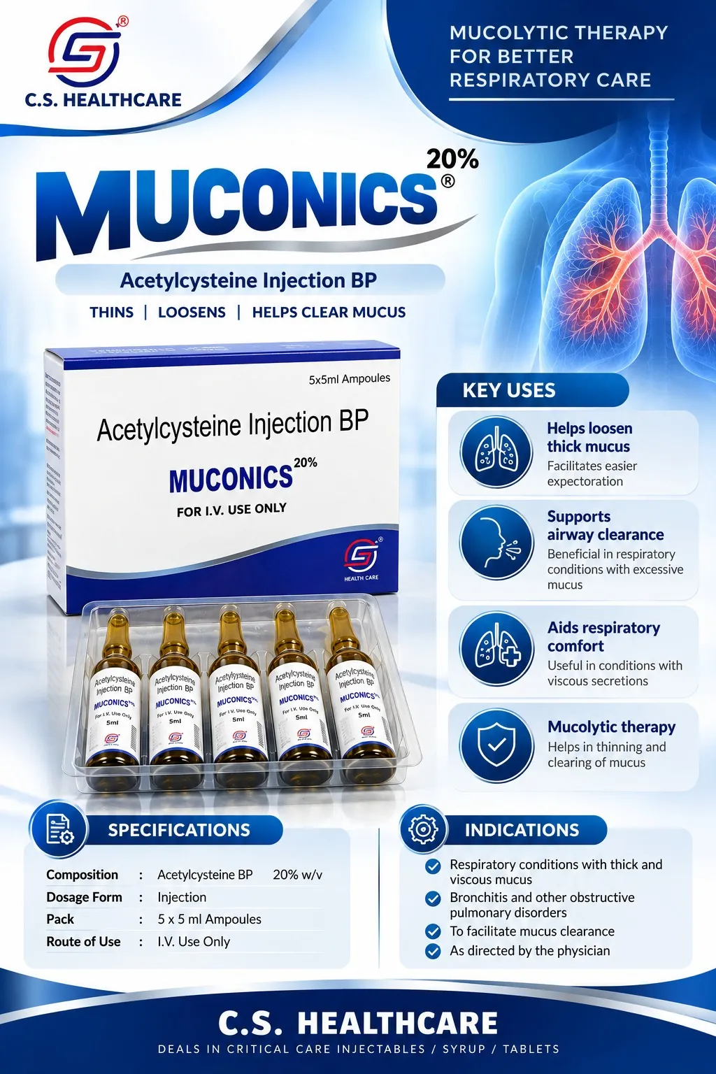 Muconics 20% – 5 ml — Acetylcysteine Injection BP